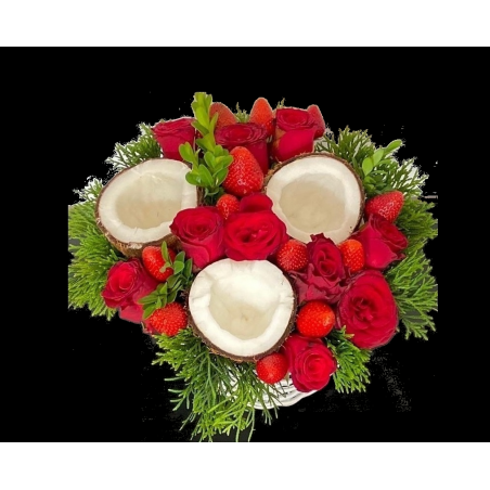 Aranjament Fructe si Flori Rosu
